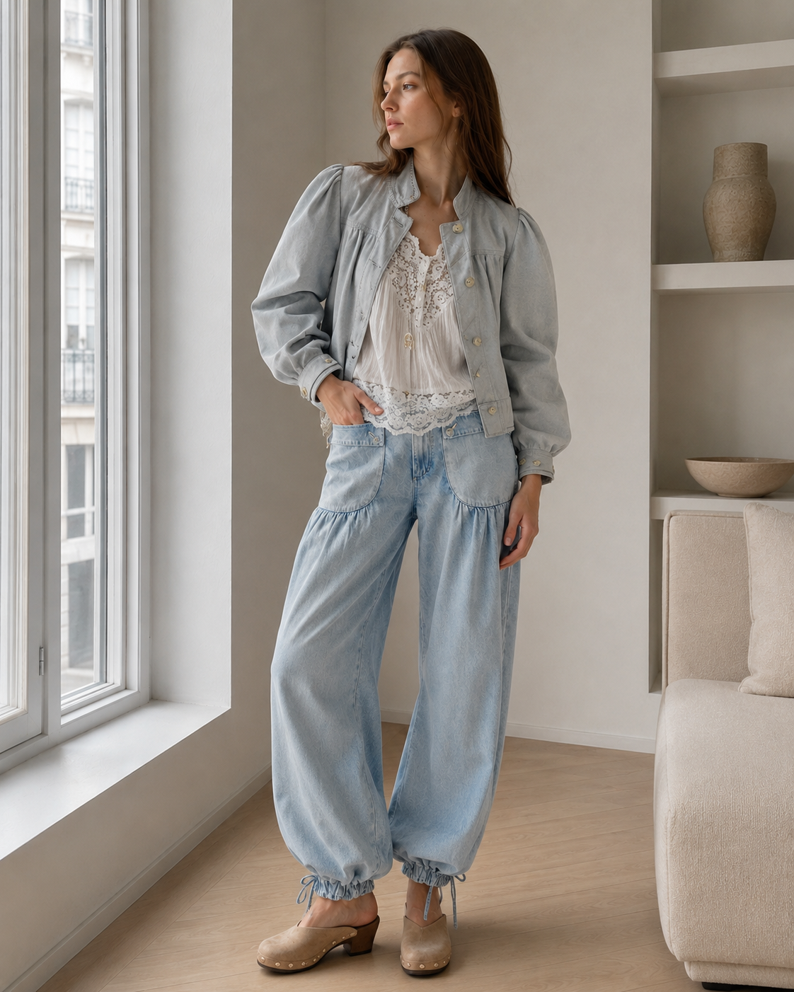 Ruched Mid Rise Wide Leg Jeans