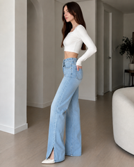 Asymmetric Elastic Waist Split Hem Denim Jeans