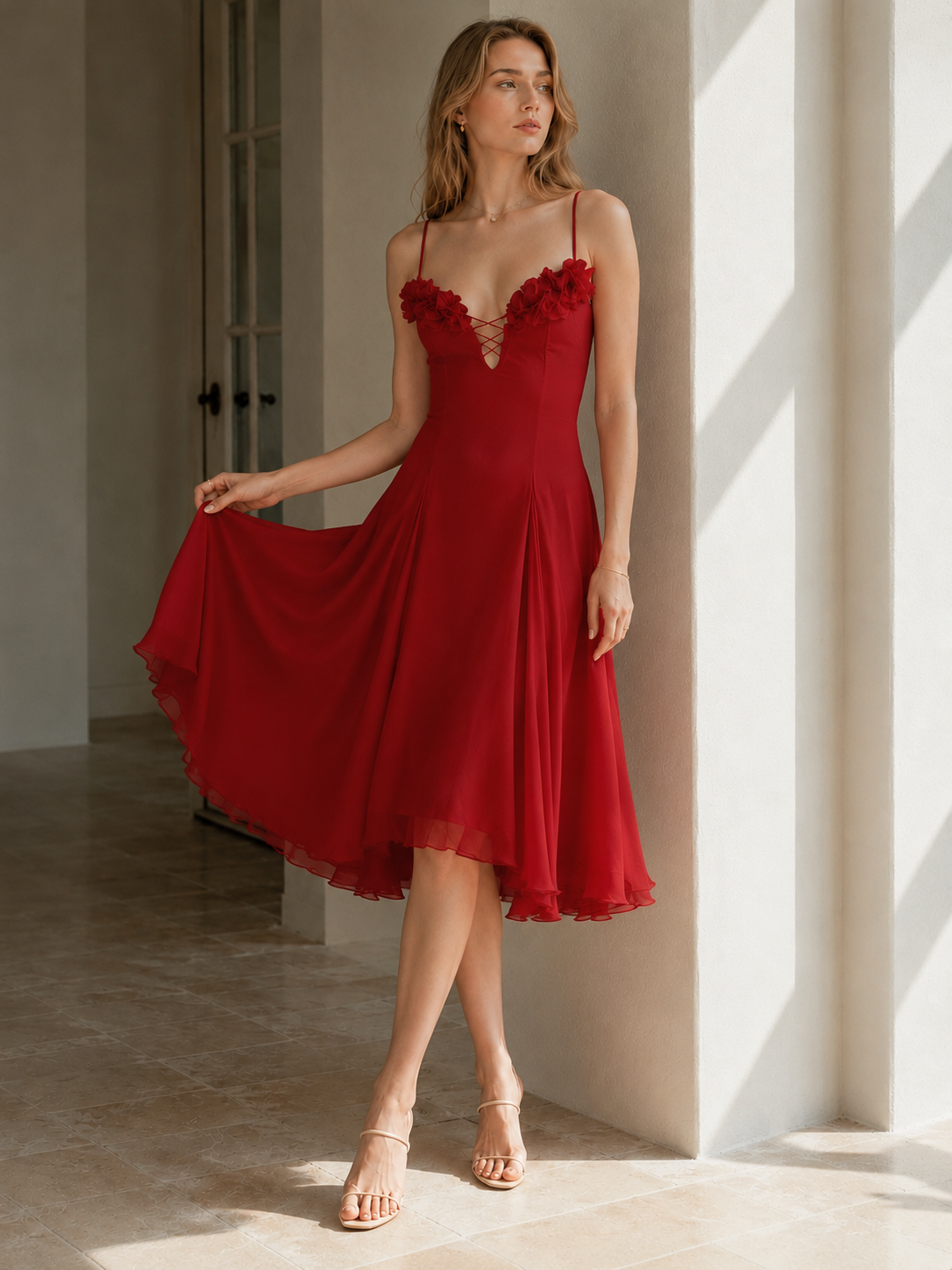 3D Flower Deep V Patchwork Spaghetti Strap Romantic Midi Dress