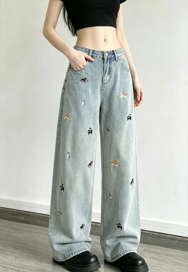 Cute Dog Embroidered Vintage Loose Jeans