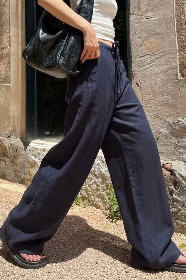 Linen High Waist Draped Wide Leg Pants
