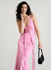 3D Rose Flowy Spaghetti Strap Backless Maxi Dress