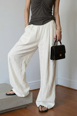 White Linen Blend Wide Leg Casual Pants