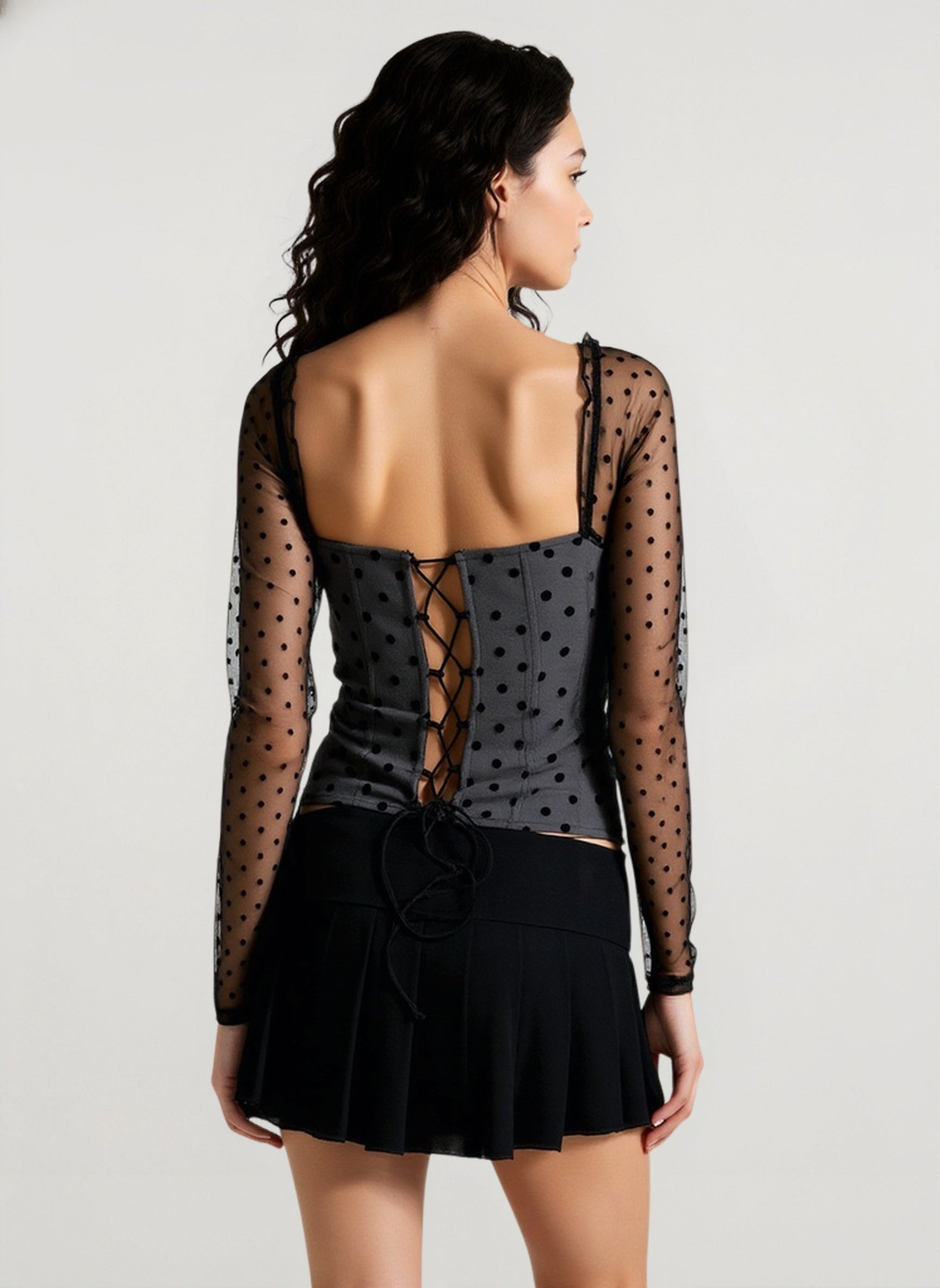 Polka Dot Bow Boned Mesh Panel Crop Top