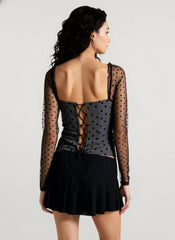Polka Dot Bow Boned Mesh Panel Crop Top