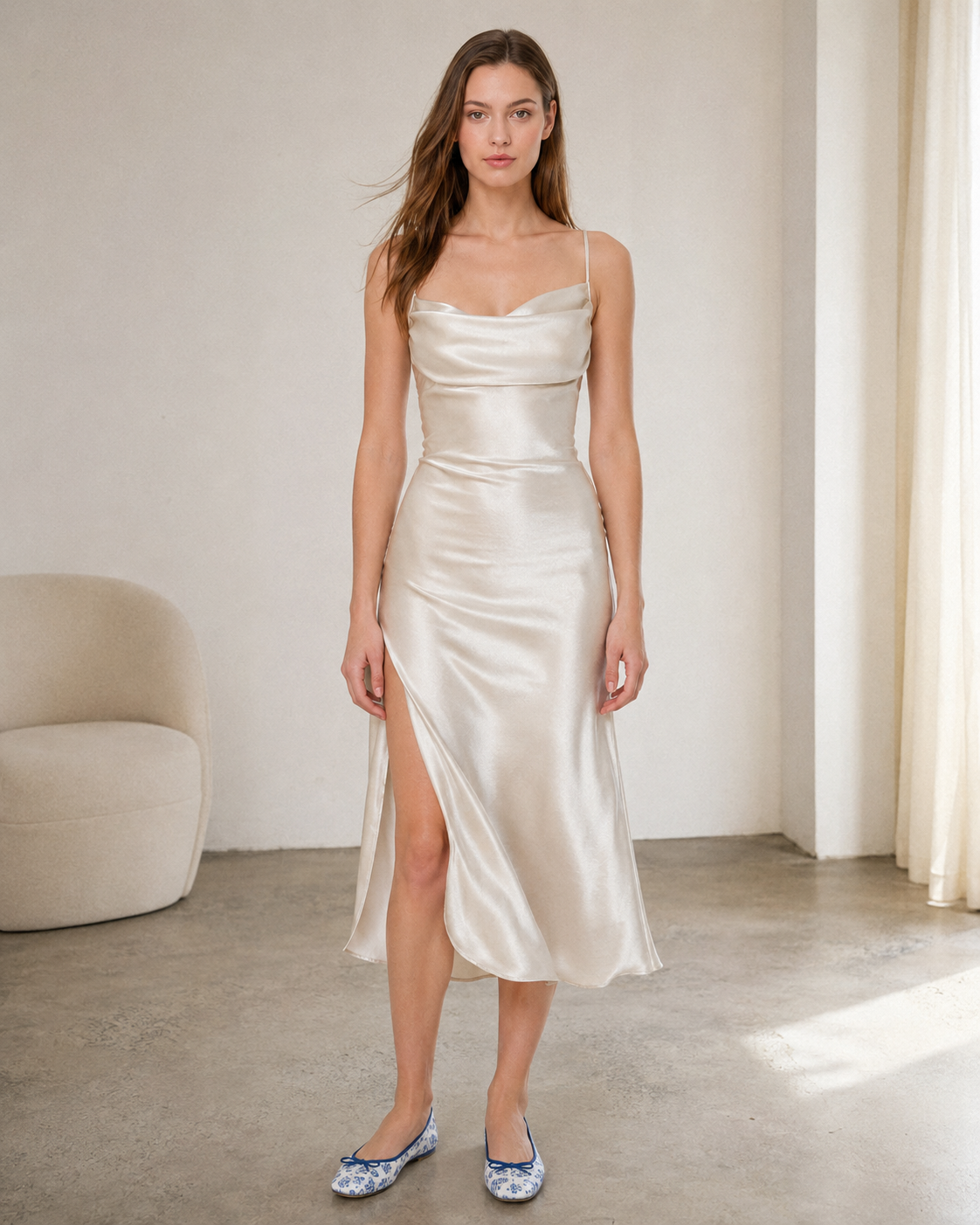 Satin Slip Asymmetrical Ruched Cocktail Dress