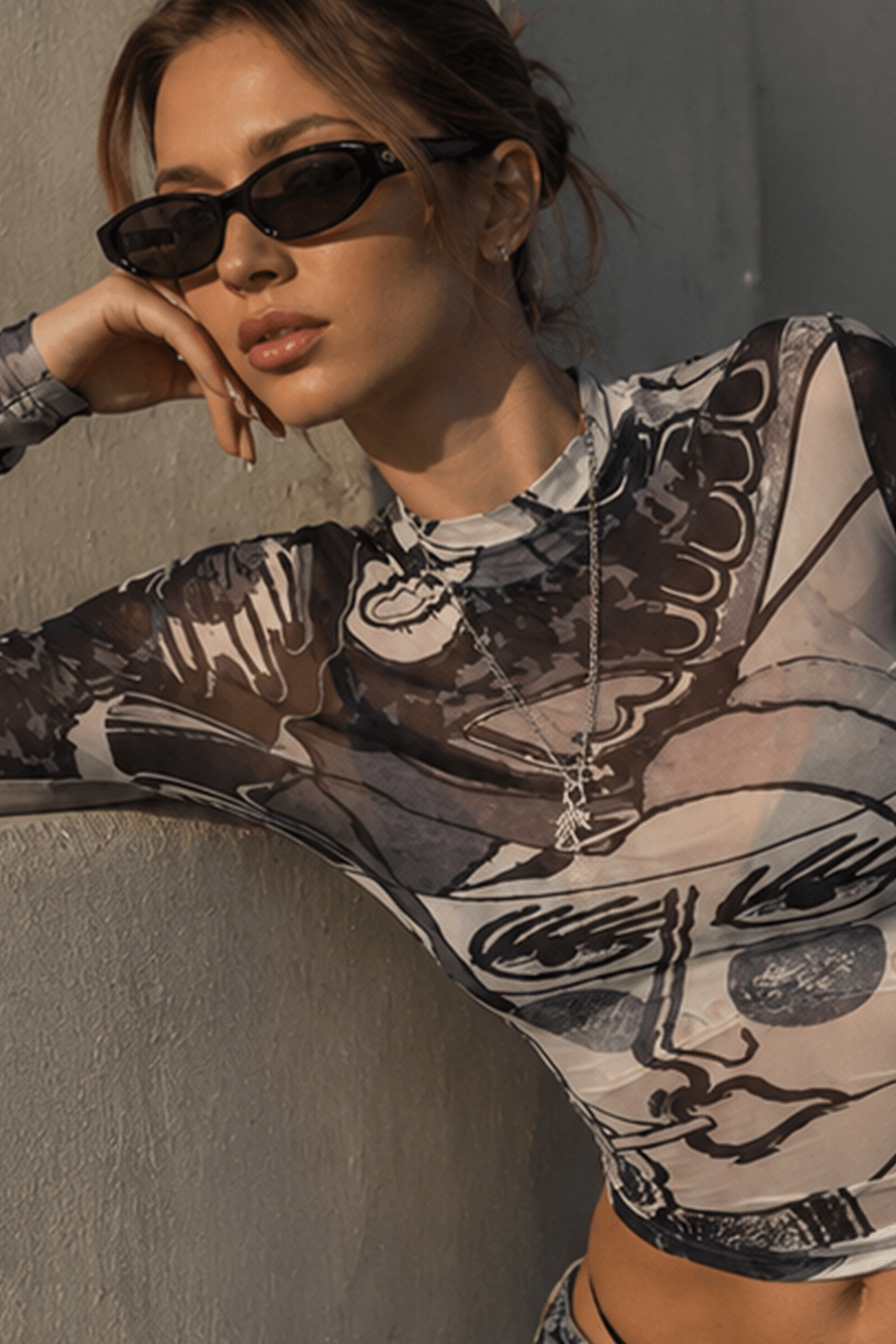 Sexy Sheer Mesh Print Round Neck Long Sleeve Blouse