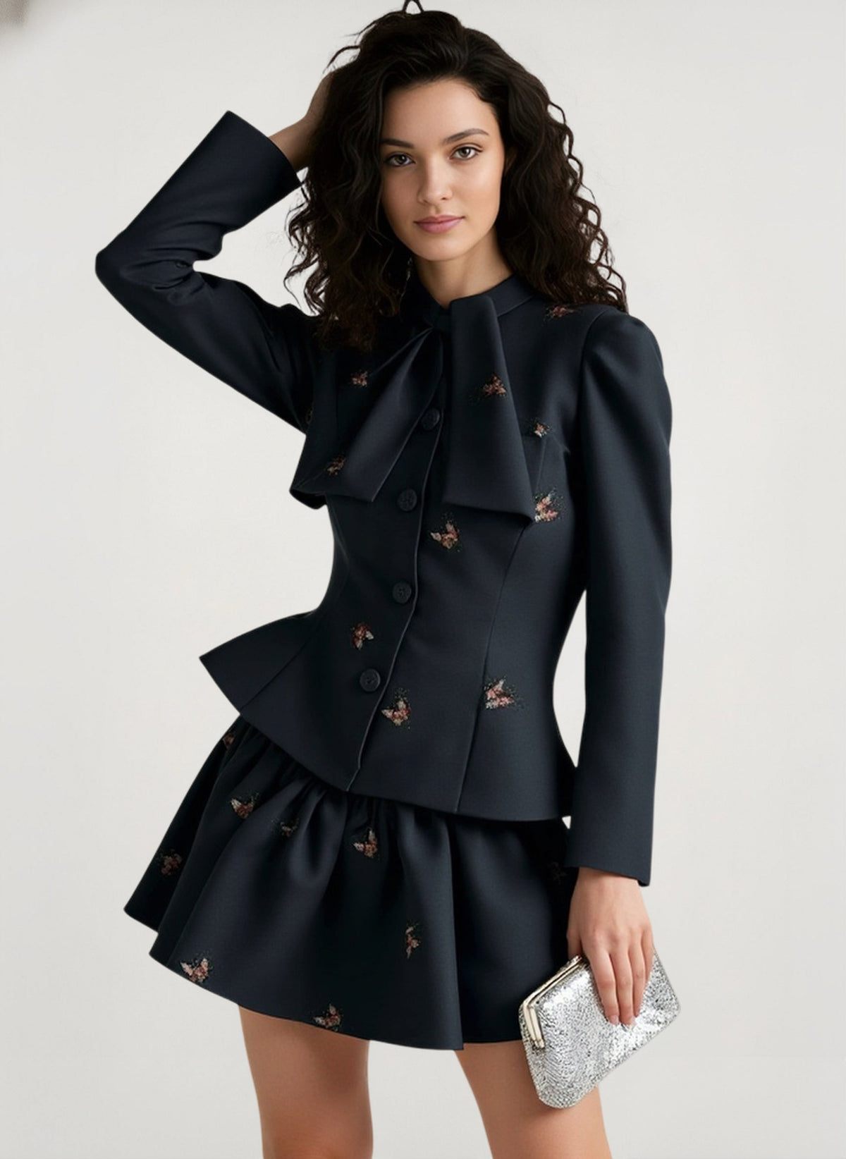 Embroidered Waist-Cinched Blazer & Mini Skirt Two Piece Set