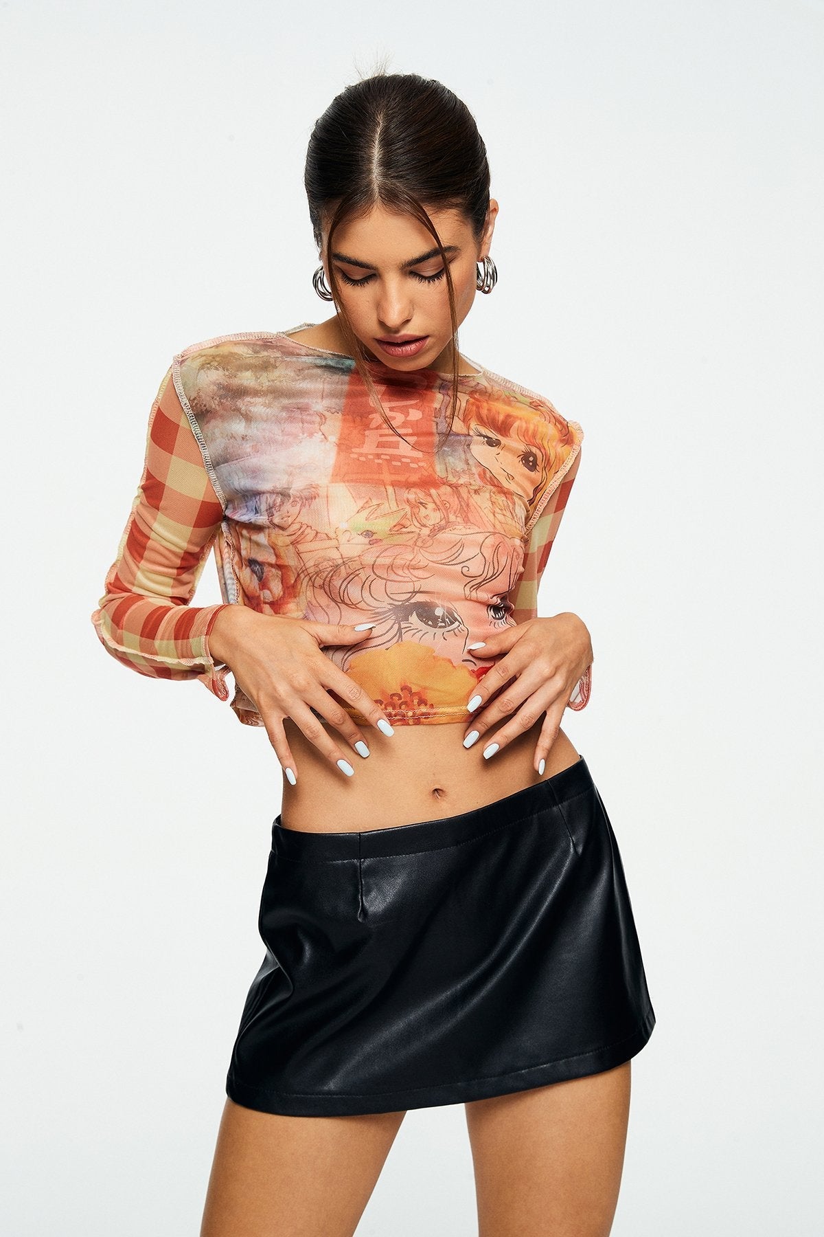 Mesh Character Print Long Sleeve Crop Top