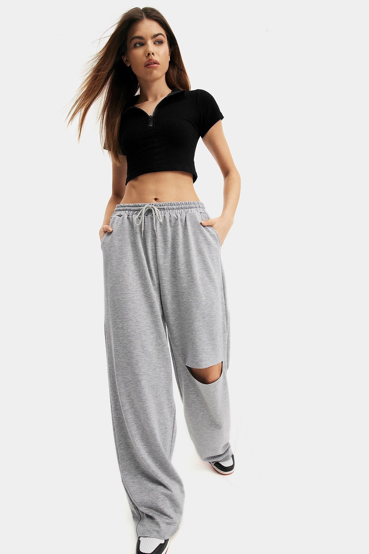 High Waist Dual Pocket Ripped Straight Pants