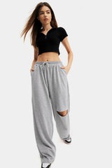 High Waist Dual Pocket Ripped Straight Pants