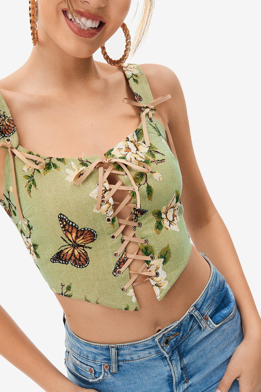 Floral Print Lace Up Asymmetrical Hem Crop Top
