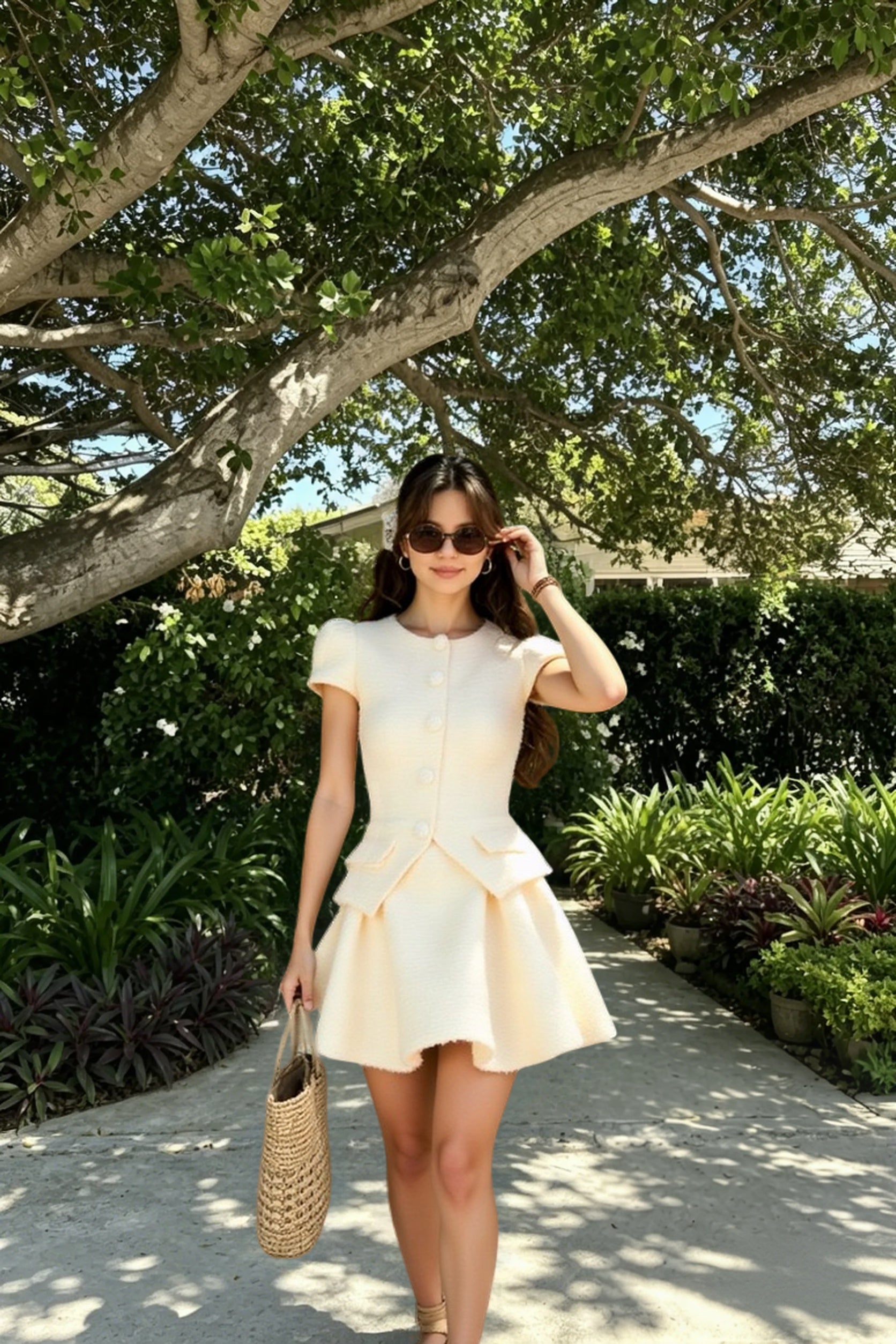 Short Boucle Cardigan Peplum Skirt Tweed Suit Set