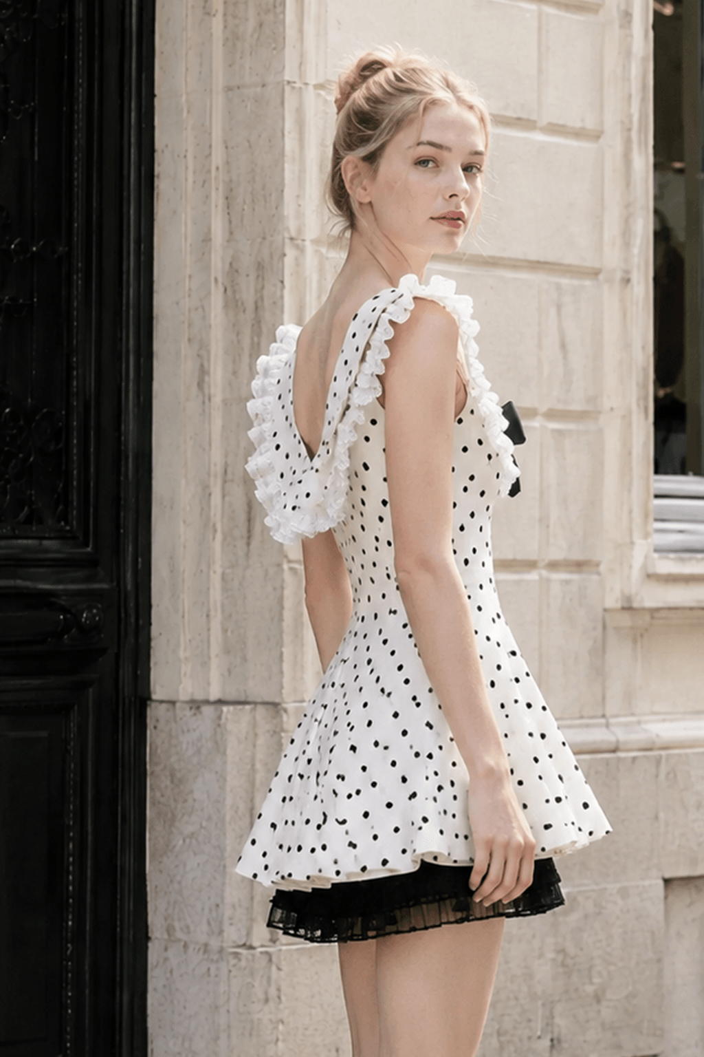 Vintage Polka Dot Bow Collar Ruffled Mini Dress