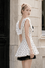 Vintage Polka Dot Bow Collar Ruffled Mini Dress