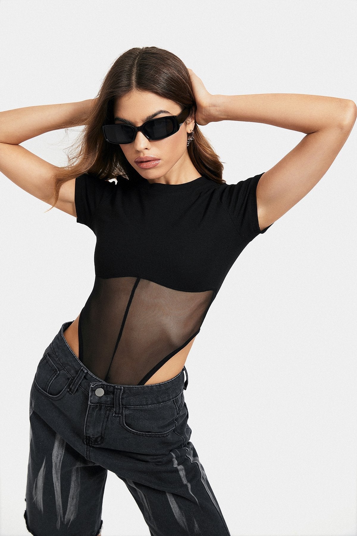Mesh Splicing Short Sleeve Solid Bodysuit