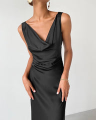 Cowl-Neck Satin Midaxi Dress in Black