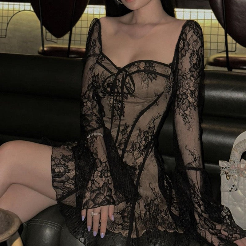 Long Sleeve Lace Corset Mini Dress