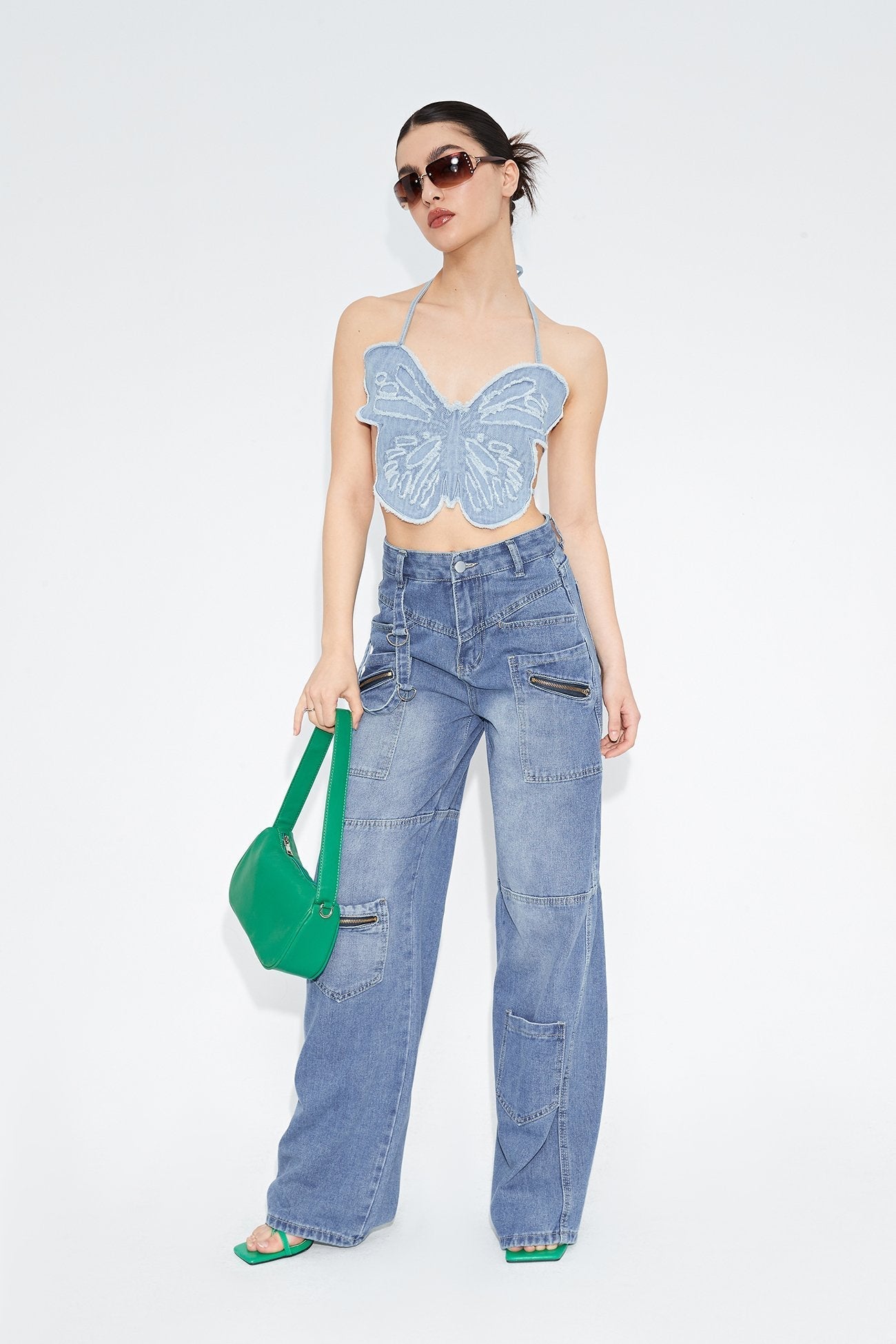 Low Waist Pocket Patched Wide Leg Jeans