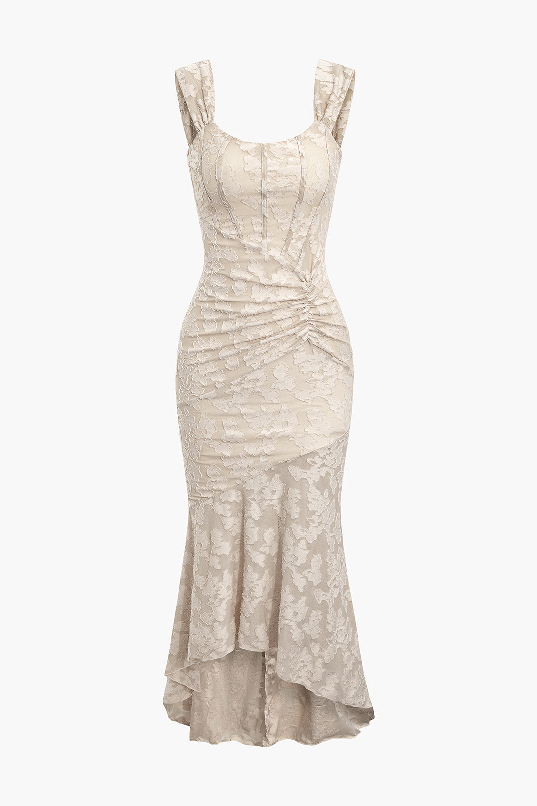 Floral Pattern Asymmetrical Hem Ruched Mermaid Sleeveless Maxi Dress