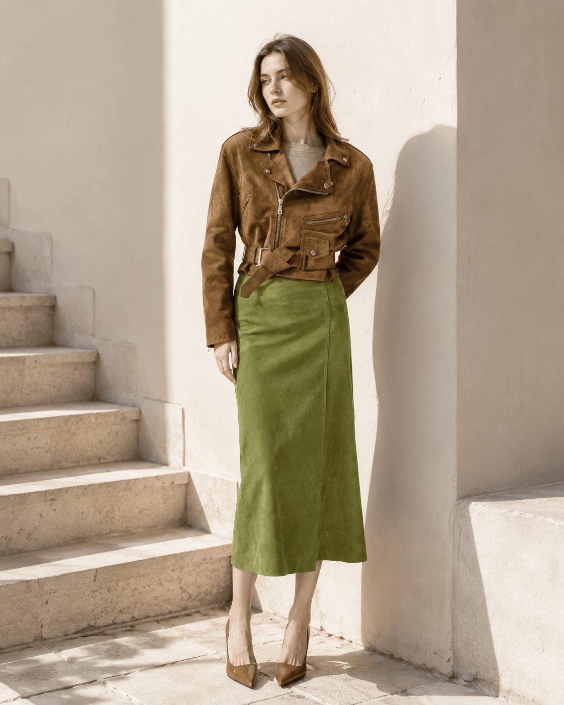 Vintage Suede High Waist Midi Pencil Skirt