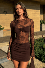 Sexy Sheer Lace Long Sleeve Bodycon Mini Dress
