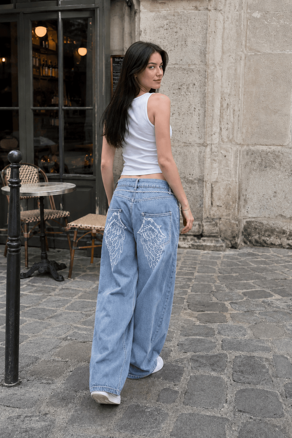 Angel Wing Embroidery Rhinestone Straight Jeans