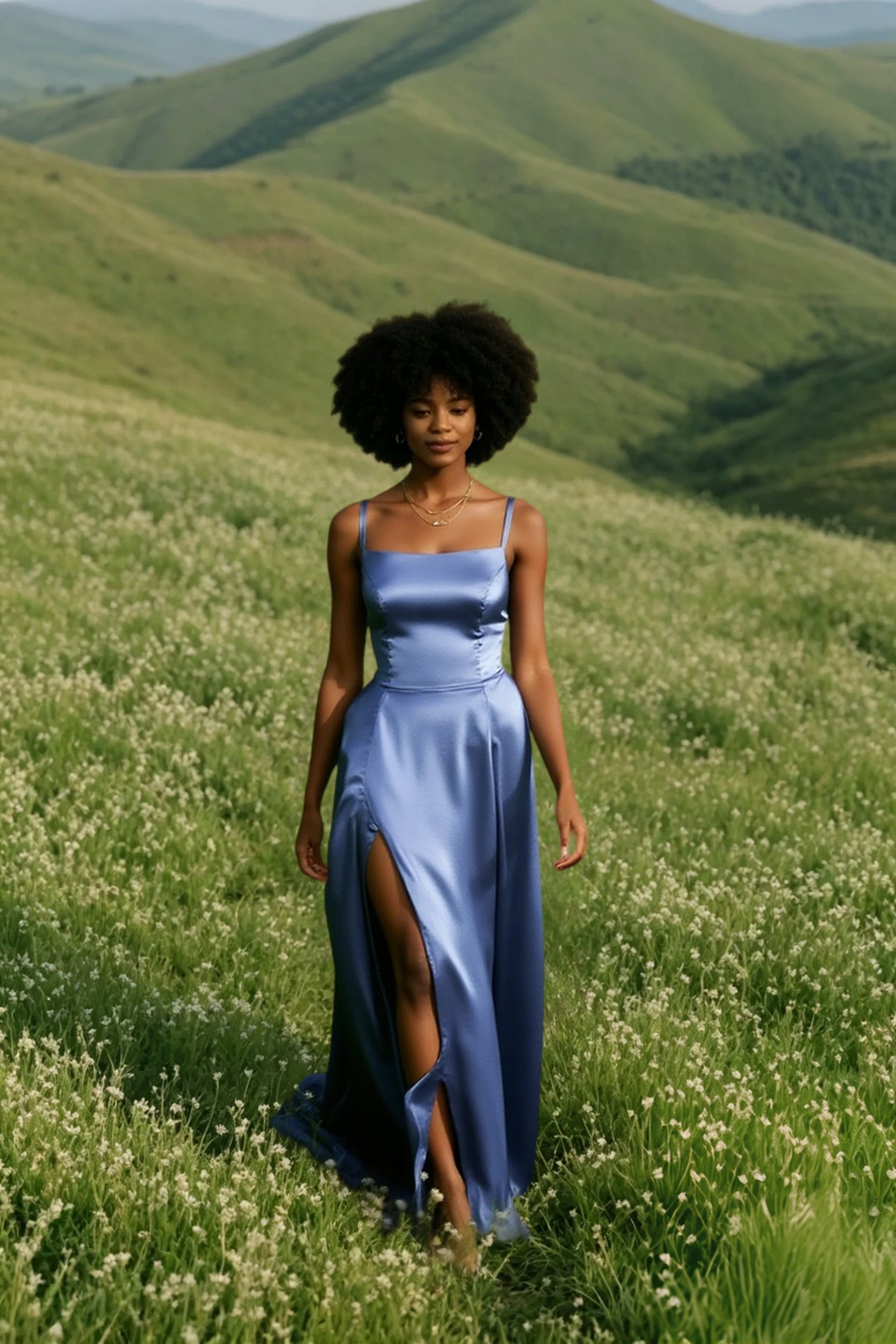 Blue Satin Spaghetti A-Line Prom Dress