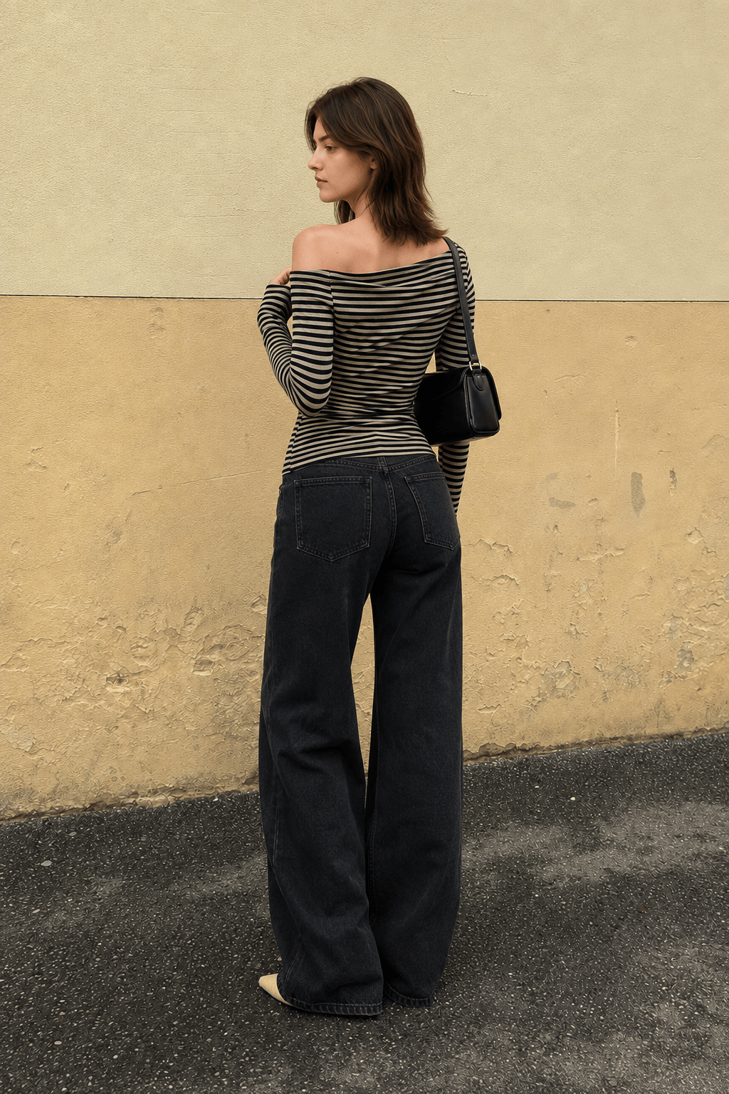 Color-Block Stripe Asymmetrical Neck Long Sleeve Tee