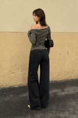 Color-Block Stripe Asymmetrical Neck Long Sleeve Tee