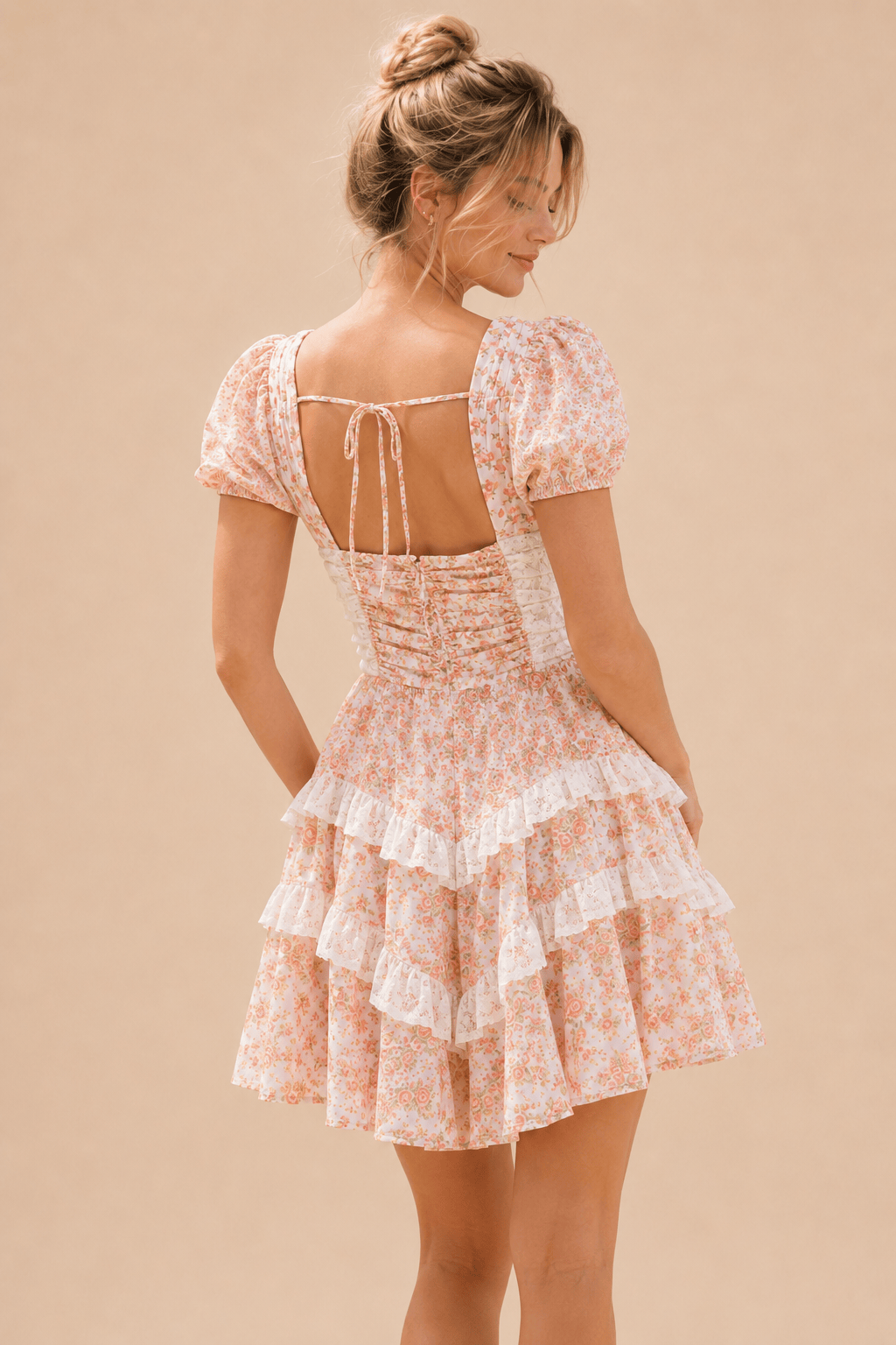 Floral Lace Patchwork V Neck Puff Short Sleeve Mini Dress
