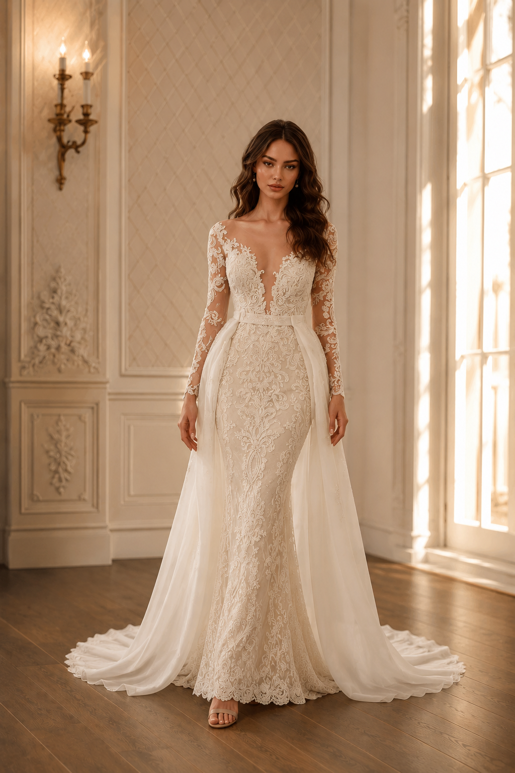 Lace Deep V Mermaid Detachable Train Wedding Dress