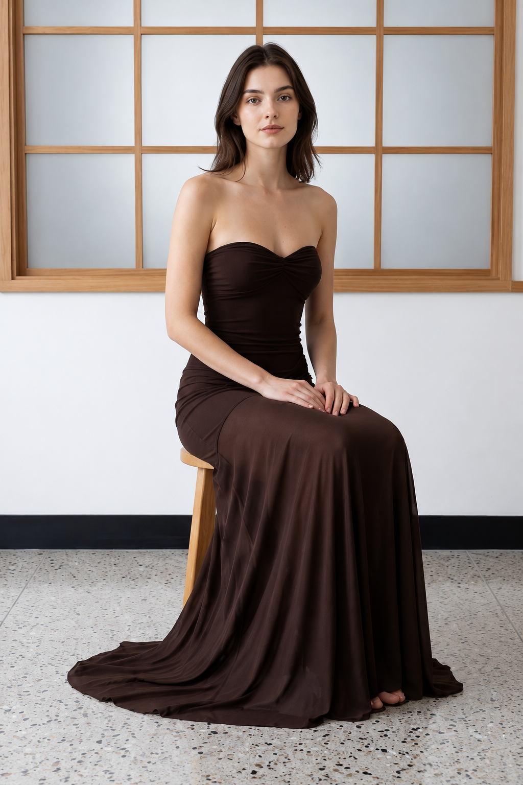 Mesh Patchwork Strapless Shirred Backless Bodycon Maxi Dress