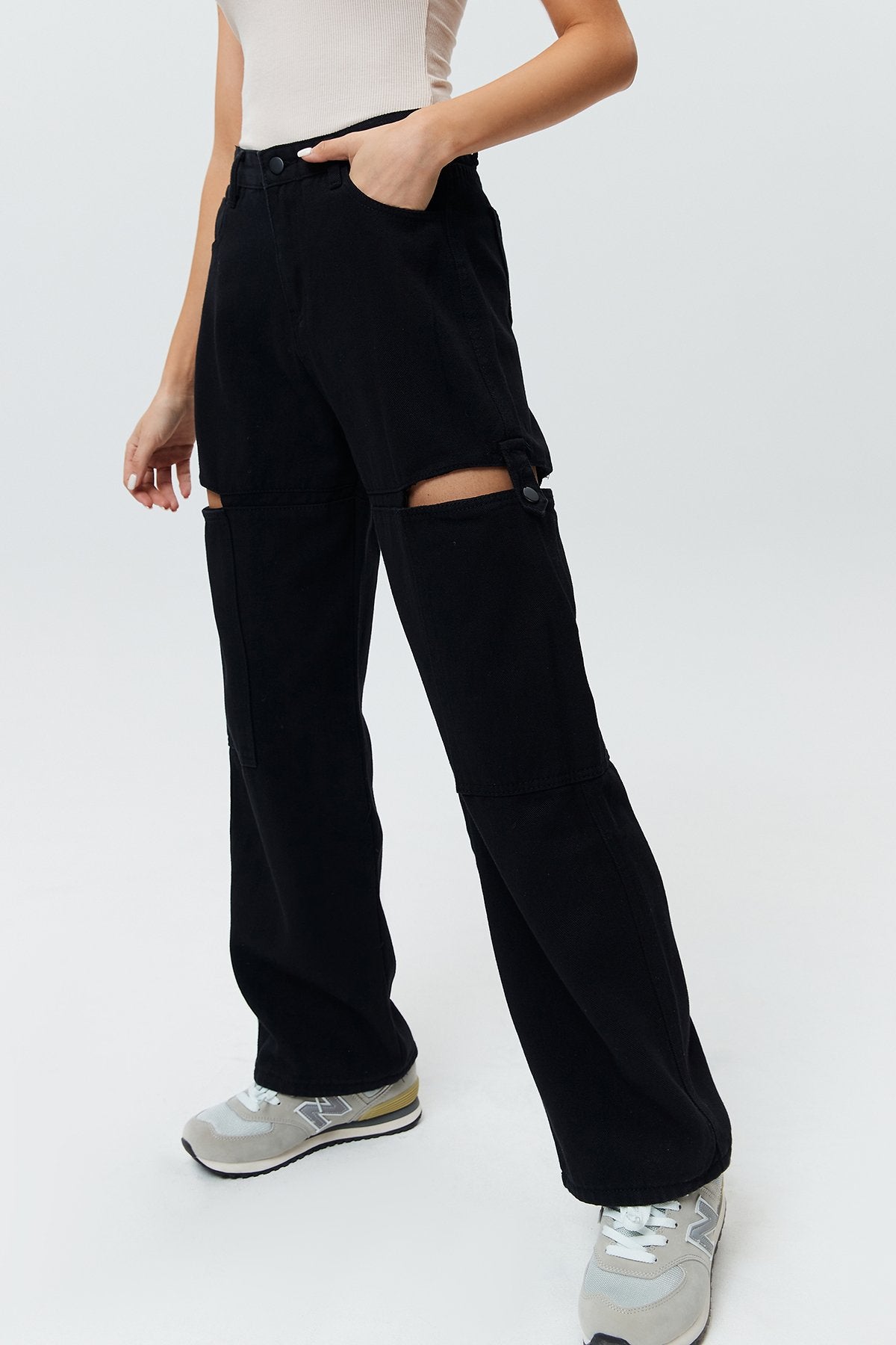 Cut Out Zip Up Straight Leg Casual Pants
