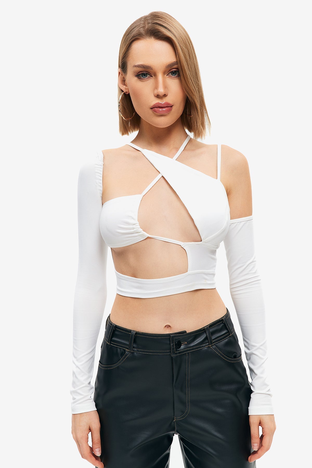 Cut Out Asymmetrical Neck Long Sleeve Top