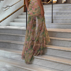Floral Print Ruched Cami Dress With High Split