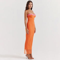 Semi-Sheer Mesh Lace Trim Long Dress