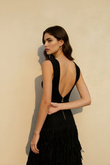 Solid Raffia Panel Knit Midi Chic Cocktail Dress