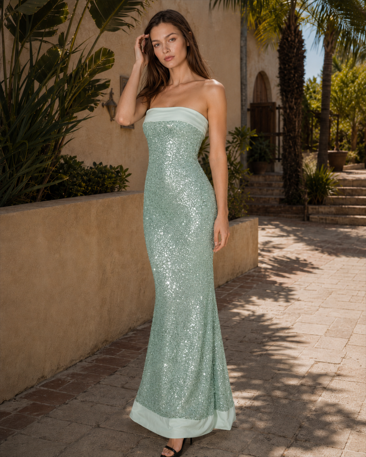 Sexy Strapless Solid Color Slim Fit Long Sequin Prom Dress