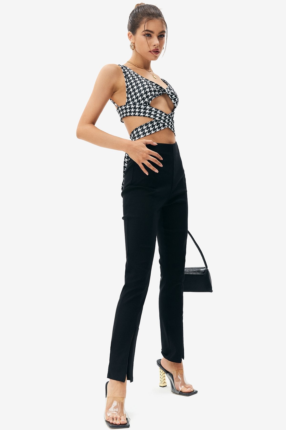 Solid Split Hem High Waisted Pants