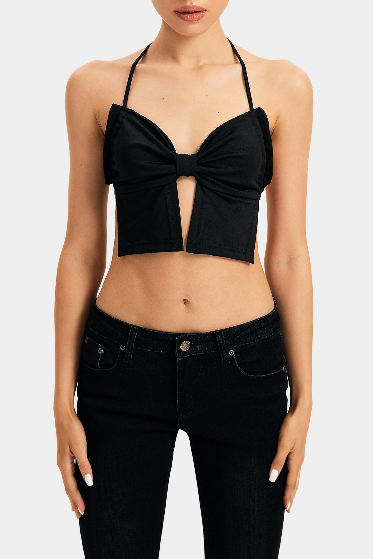 Bow Shape Tie Backless Halter Neck Crop Top