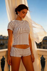 Plaid Print Crew Neck Short Sleeve T-Shirt Two Piece Shorts Set