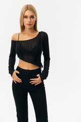 Asymmetric Hem Lettuce Trim Long Sleeve Top