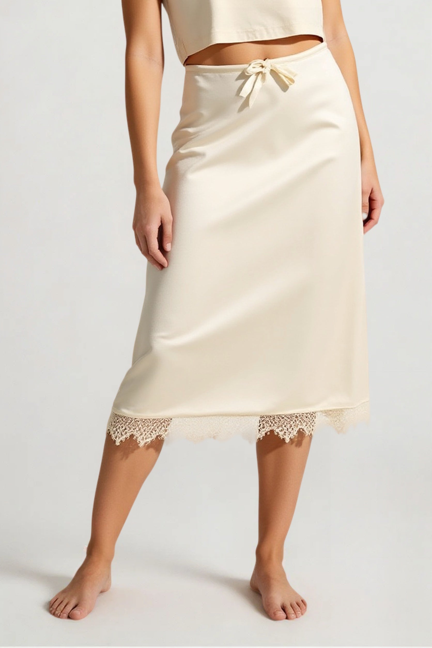 Elegant Lace Trim Tie Waist Midi Skirt