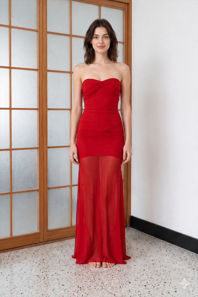 Mesh Patchwork Strapless Shirred Backless Bodycon Maxi Dress