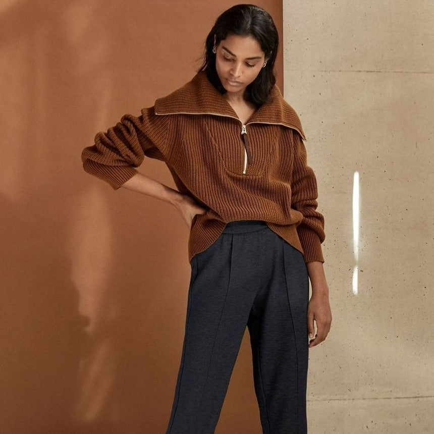 Wide Collar Half Zip Long Sleeve Sweater