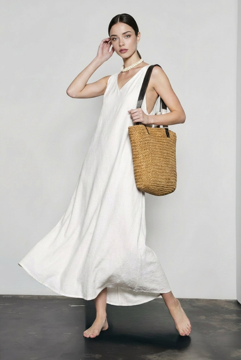V Neck Linen Blend Sleeveless Vacation Dress