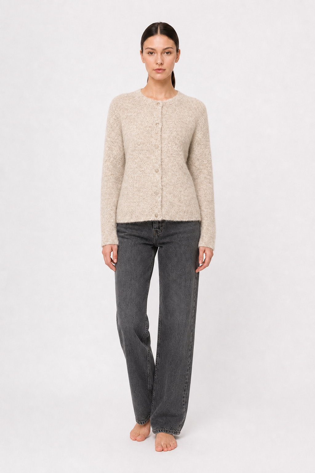 Soft Gray Vintage Shell-Button Knit Cardigan