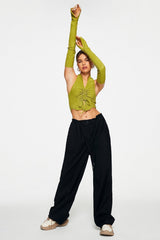 Halter Neck Drawstring Ruched Long Sleeve Top With Oversleeve
