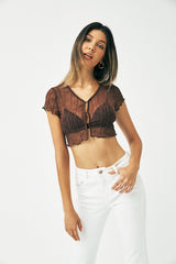 Lettuce Trim Hook And Eye Mesh Textured Crop Top With Bra